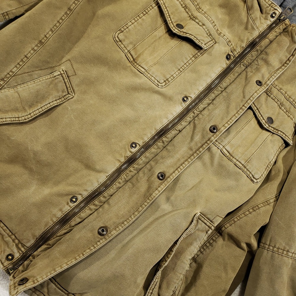 Levis Canvas Jacket Men XL Tan Sherpa Lined Zip In Hood Utility Coat Distressed - Picture 4 of 15